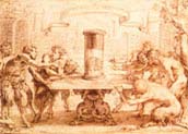 eight satyrs admiring the anamorphosis of an elephant